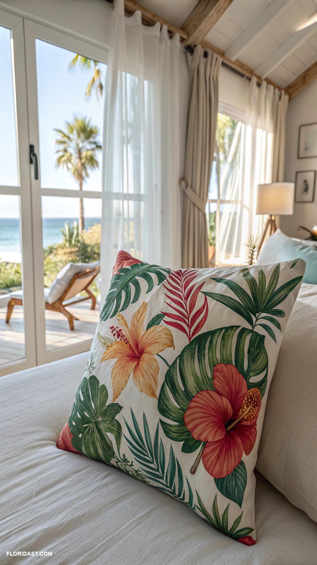bedroom ideas Bright accent pillows in tropical prints