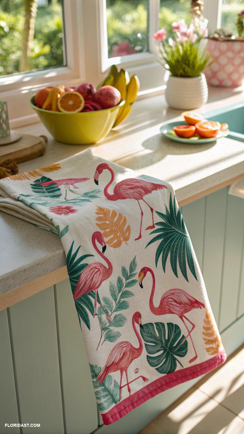 decorating with flamingos Flamingo printed kitchen towels