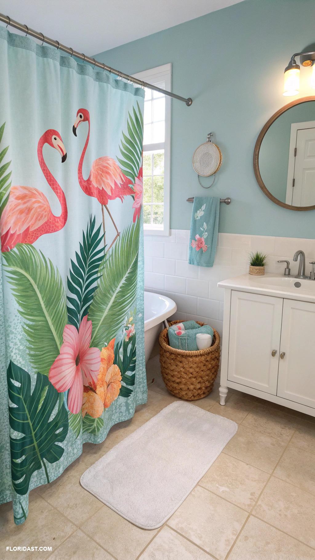 decorating with flamingos Flamingo shower curtain in bathroom
