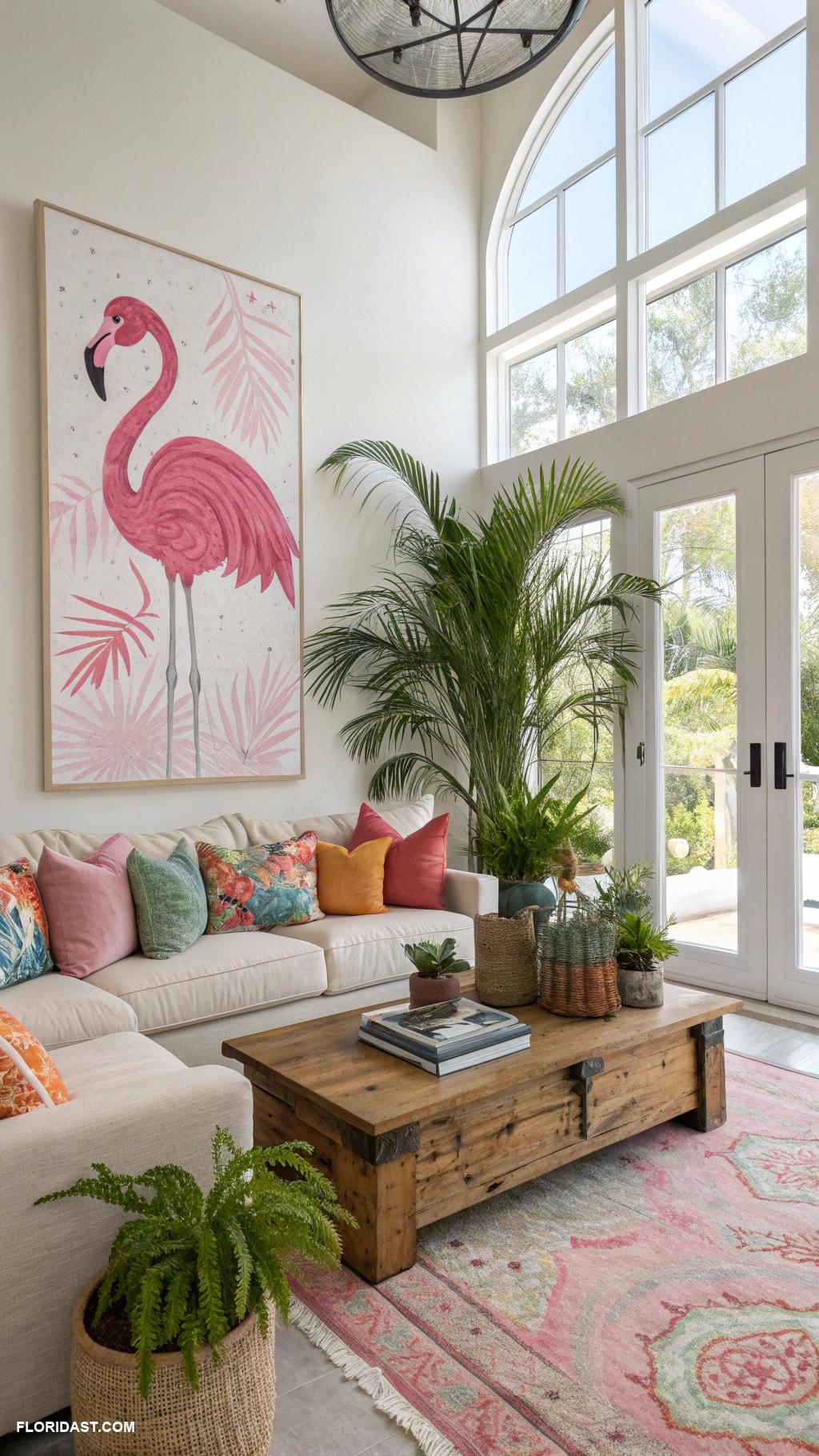 decorating with flamingos Flamingo wall art in living room