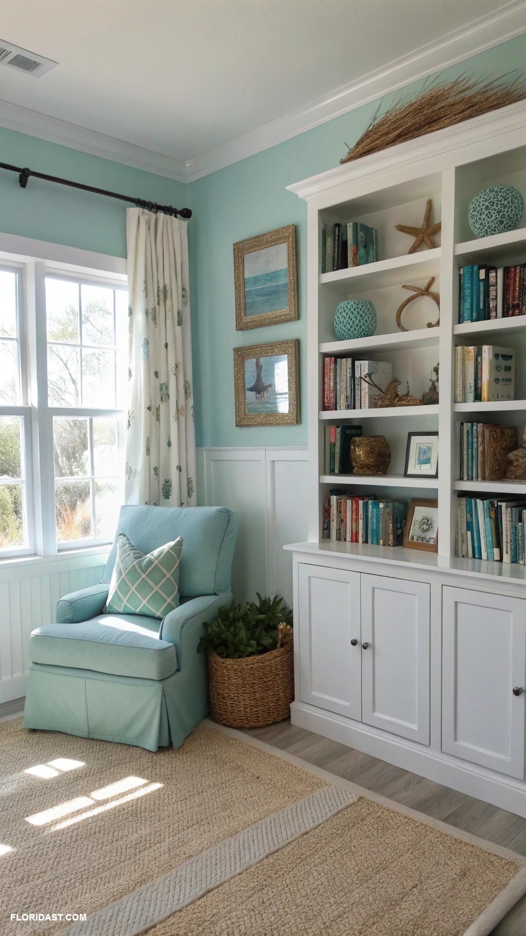 home library ideas Beach inspired color palette with blues and greens