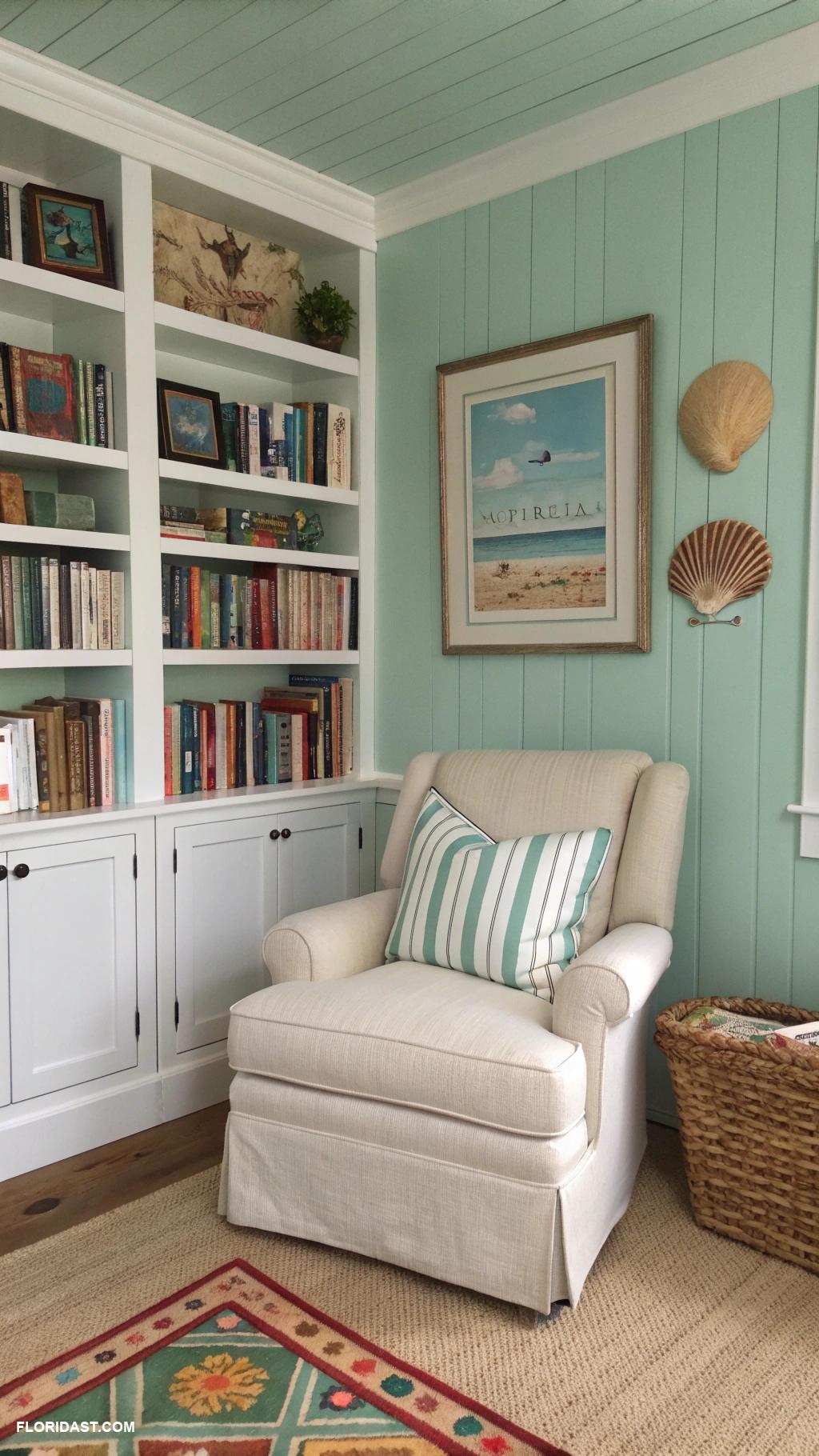 home library ideas Coastal themed decor with seashell accents