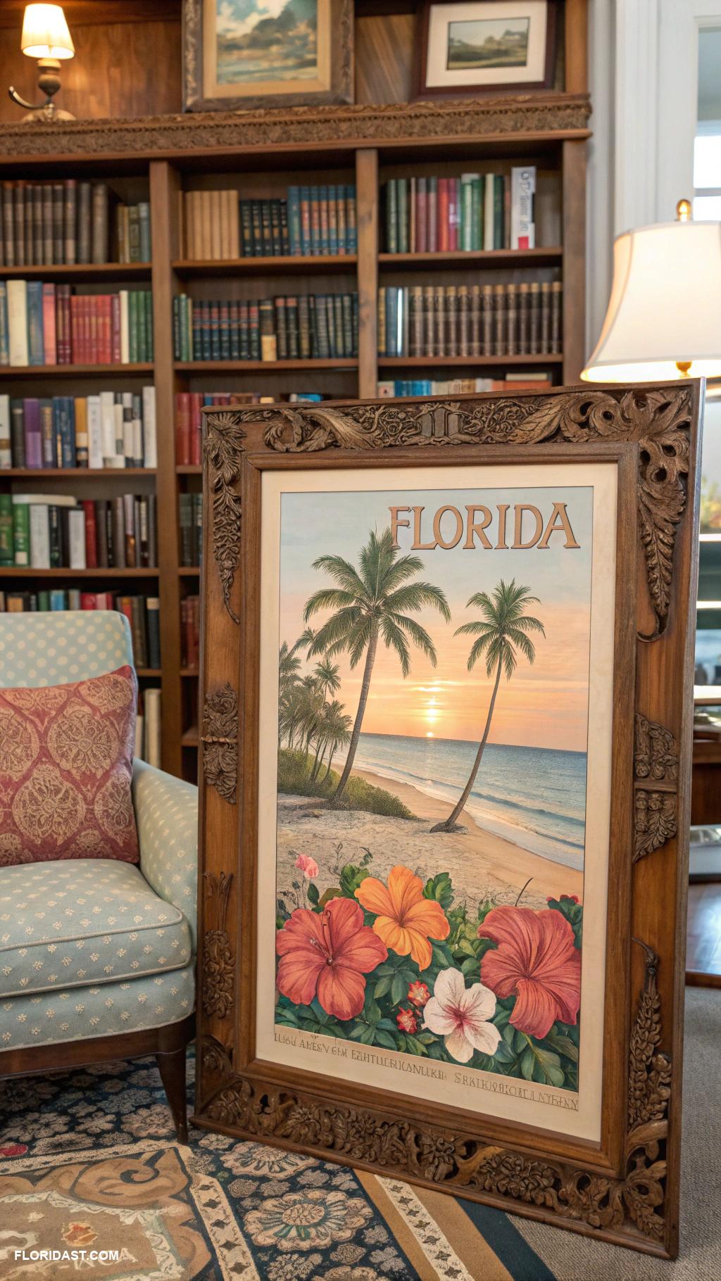 home library ideas Vintage Florida postcards displayed as art