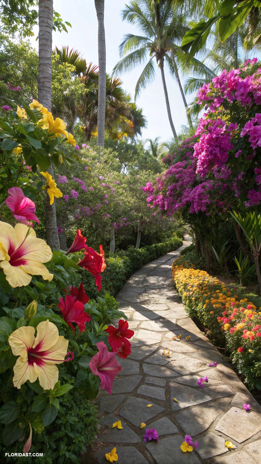 landscaping ideas Design a tropical garden featuring colorful hibiscus bougainvillea and plumeria for a vibrant vacation like atmosphere