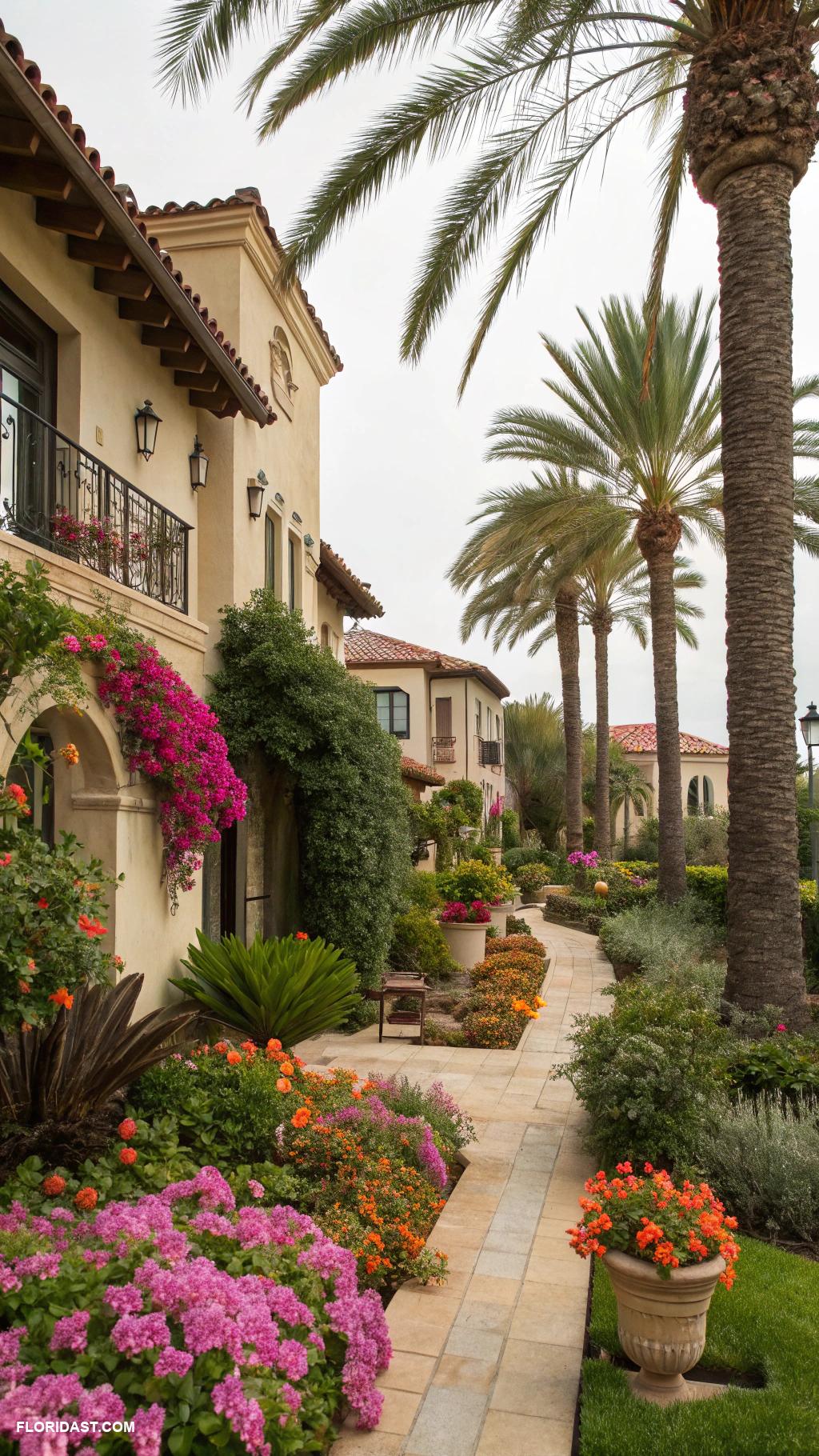 mediterranean style houses Lush gardens with palm trees
