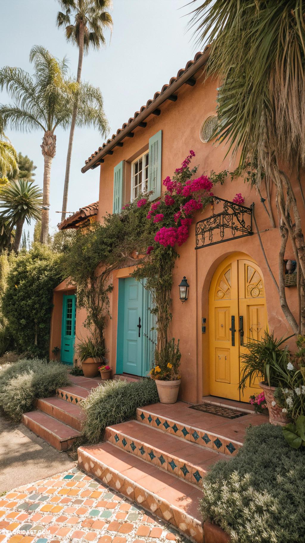 mediterranean style houses Warm earthy tones with colorful doors