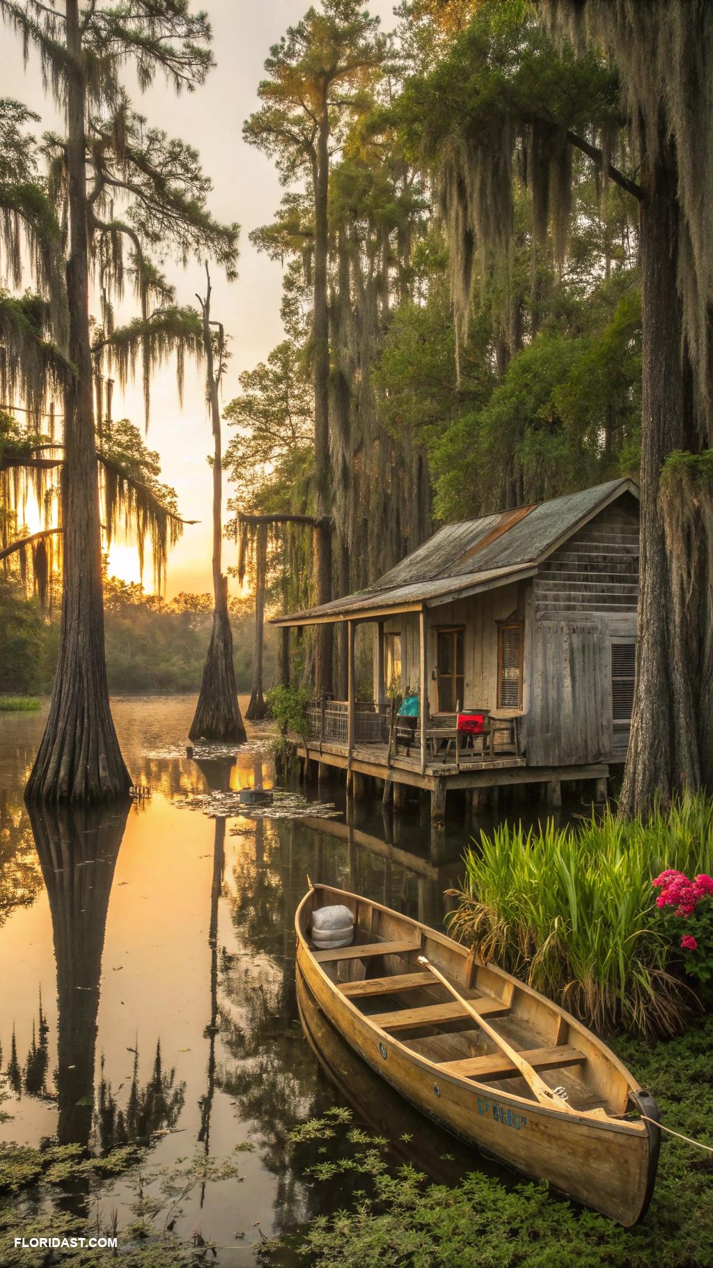 old florida aesthetic Cypress swamps with rustic cabins