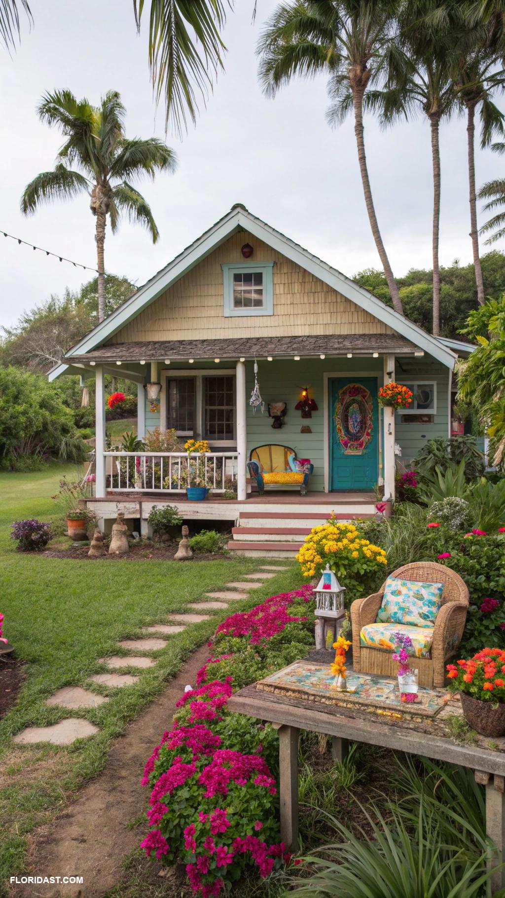 rural country homes Quaint bungalow with colorful yard decorations