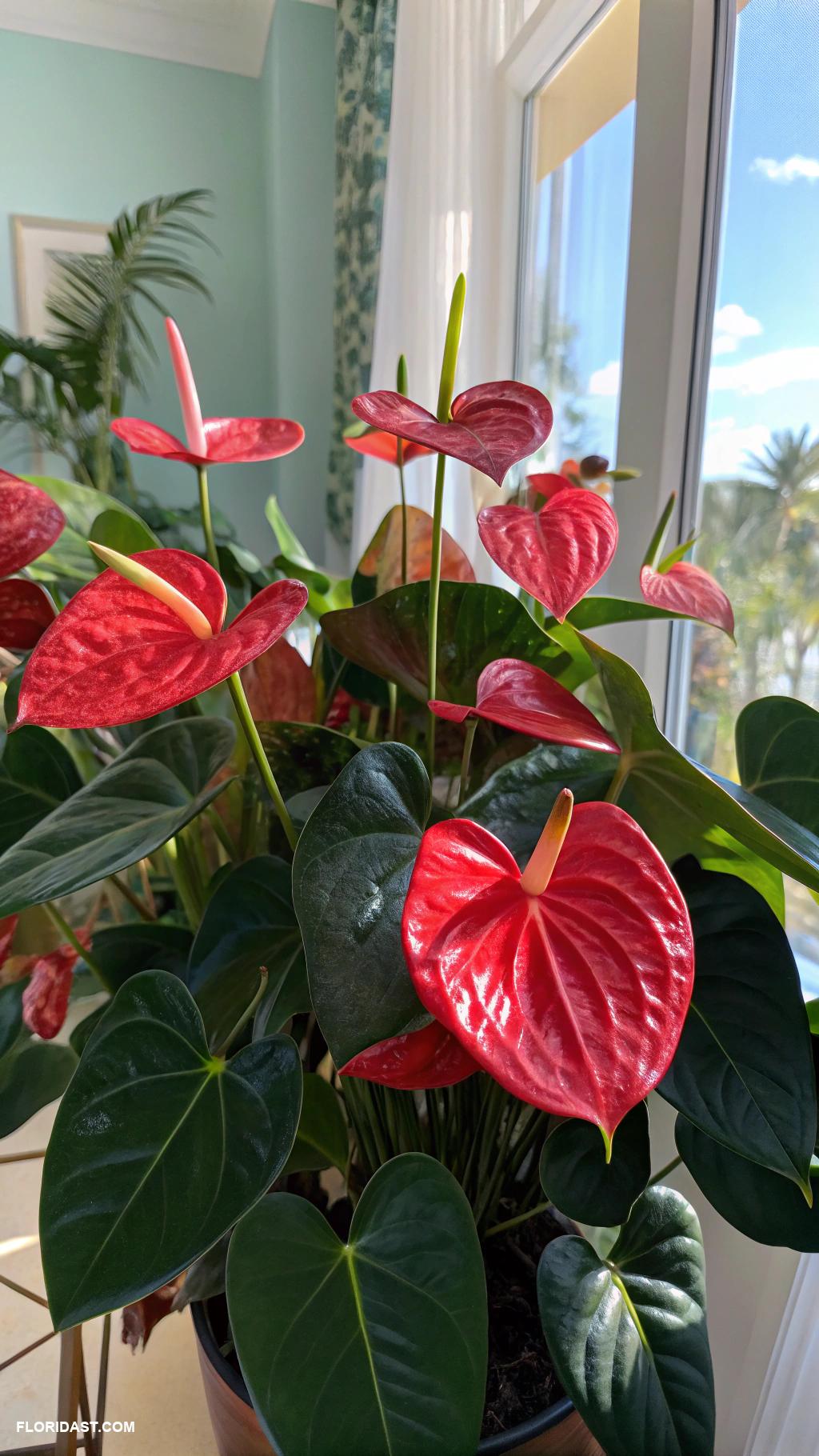 tropical plants Anthuriums showcase glossy heart shaped flowers