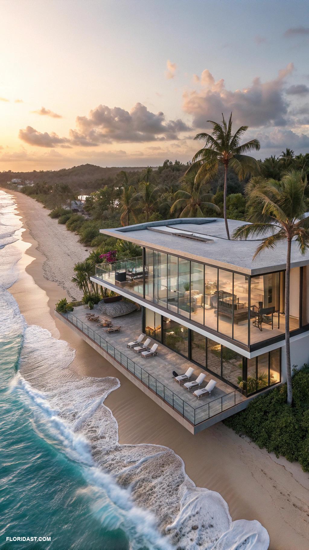 modern beach homes Cantilevered design over sandy shores