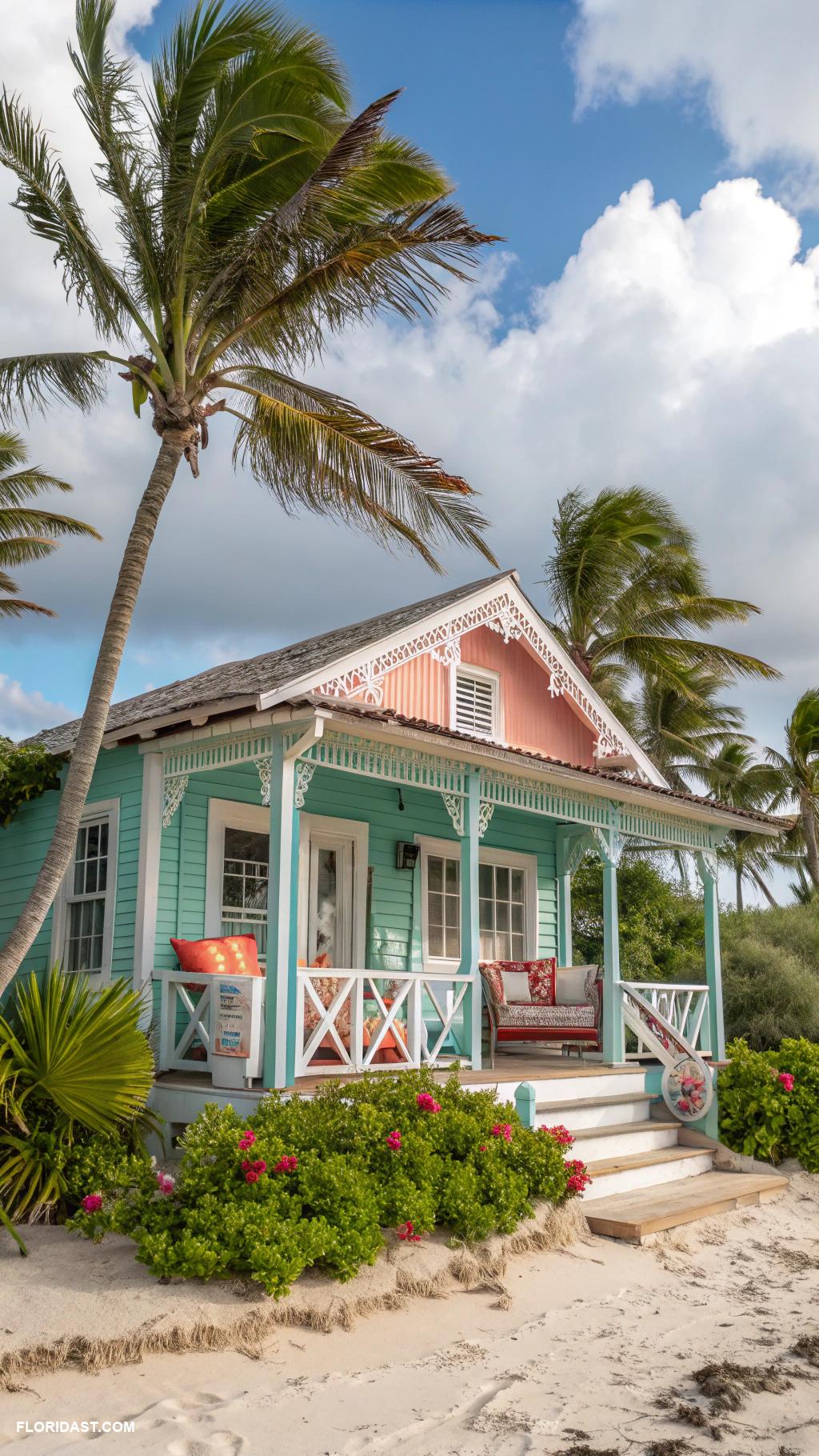 tropical houses Colorful beach cottage with palm trees