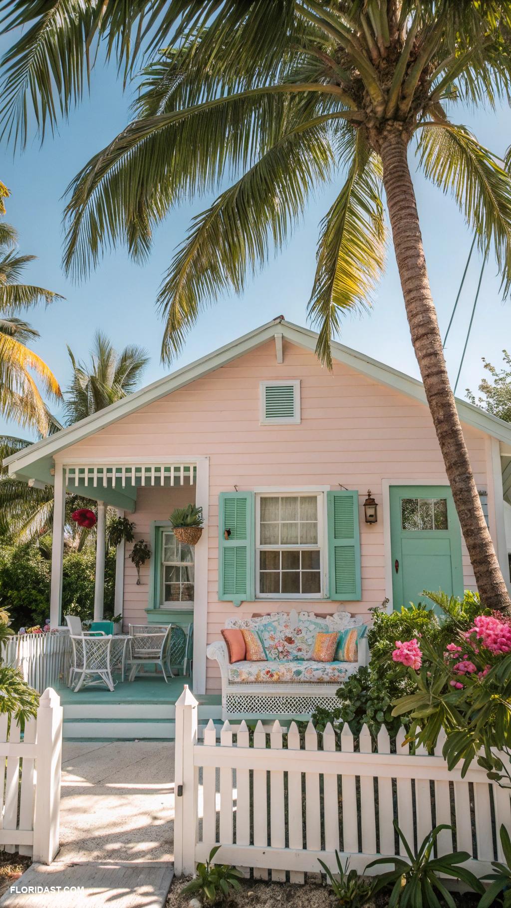 miami style houses Colorful pastel bungalow with palm trees