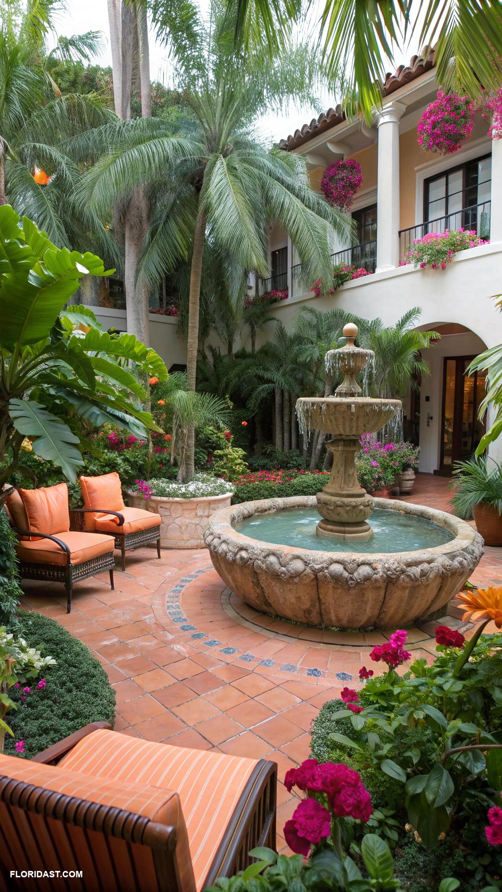 miami style houses Lush tropical courtyard with fountain