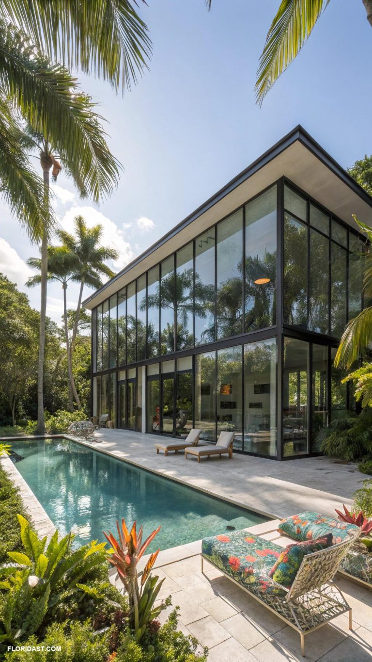 miami style houses Modern glass house with outdoor pool