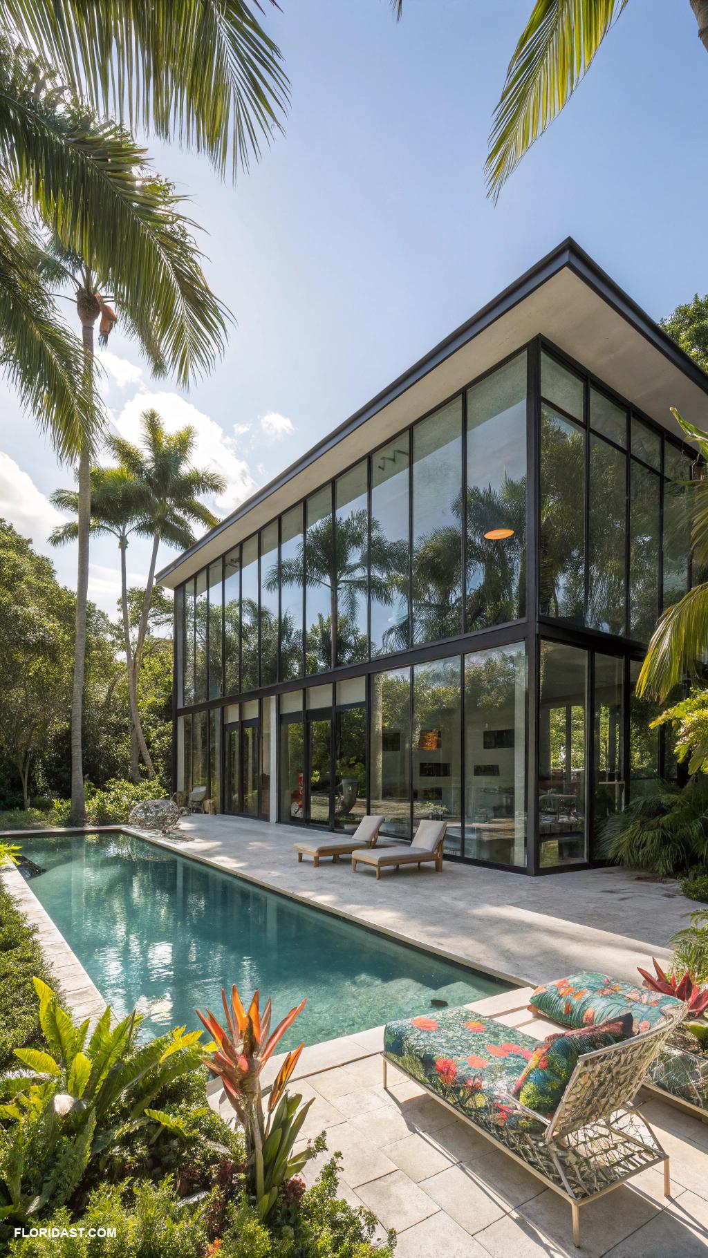miami style houses Modern glass house with outdoor pool