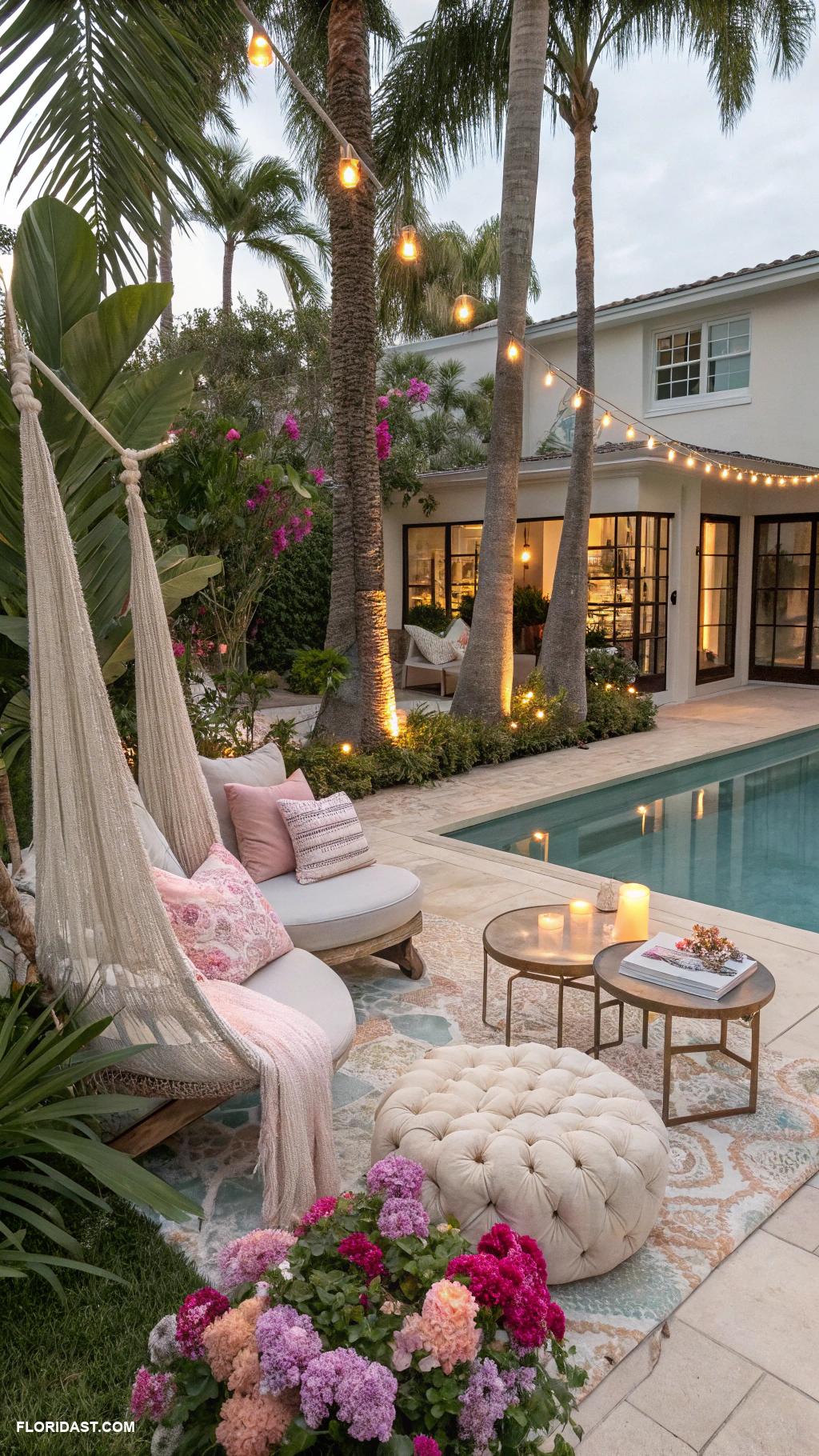 backyard pool house Cozy lounge area with hammocks