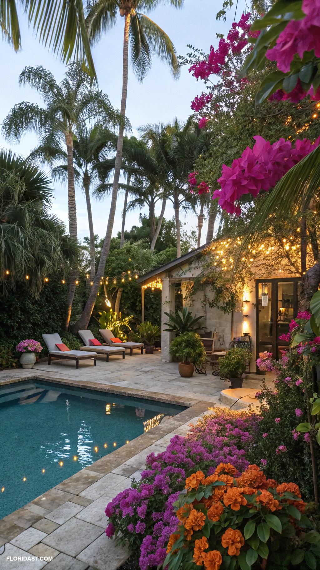 backyard pool house Garden oasis with tropical plants
