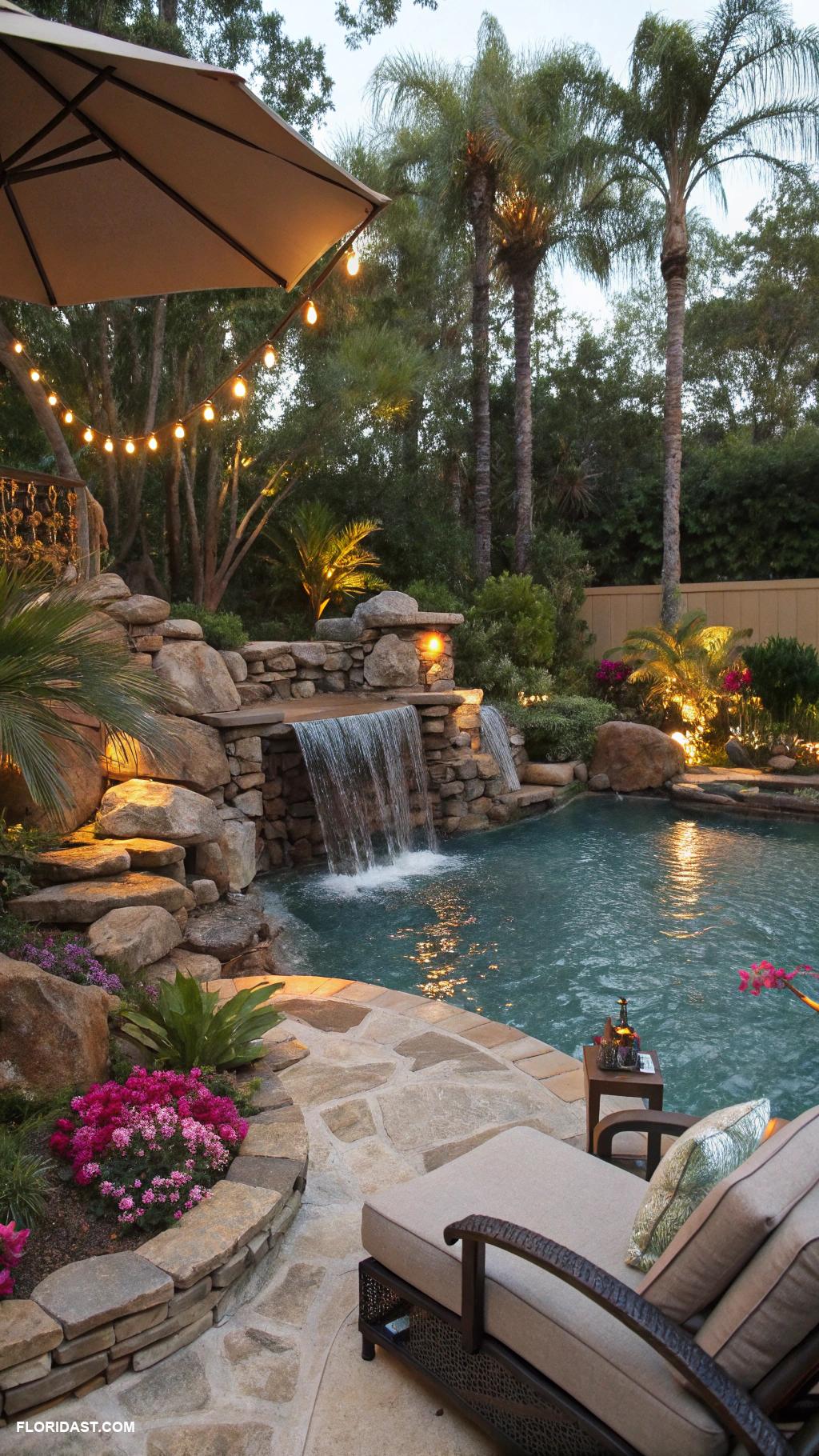 backyard pool house Waterfall feature for tranquility