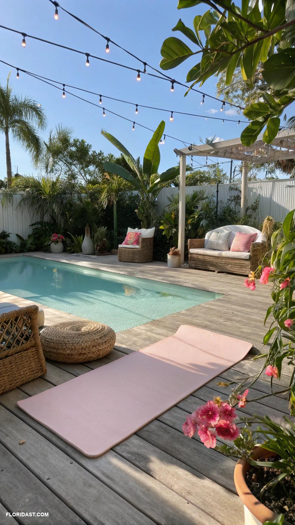 backyard pool house Zen space with yoga mat