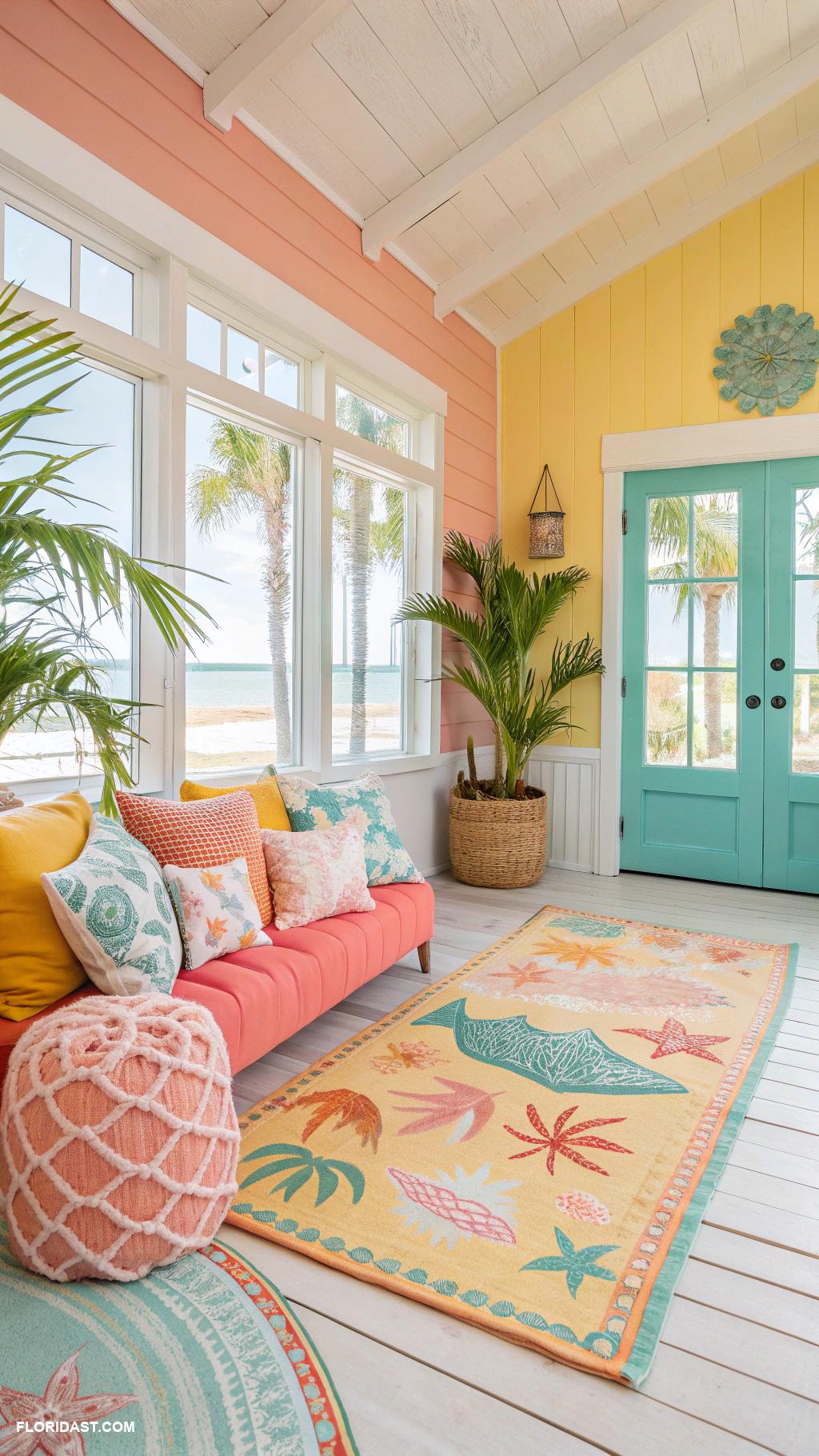 beach bungalow interior Bright colors with beachy accents