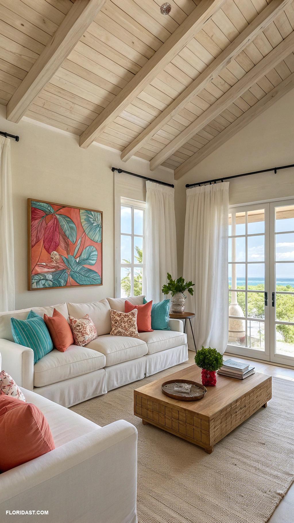beach bungalow interior Neutrals with bold color pops