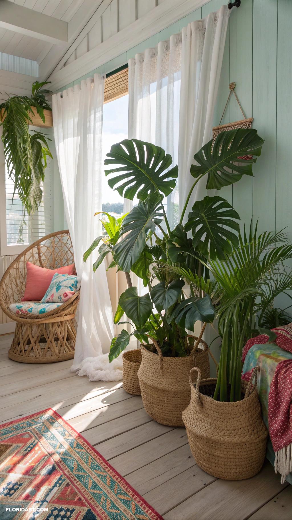 beach bungalow interior Tropical plants for lively atmosphere