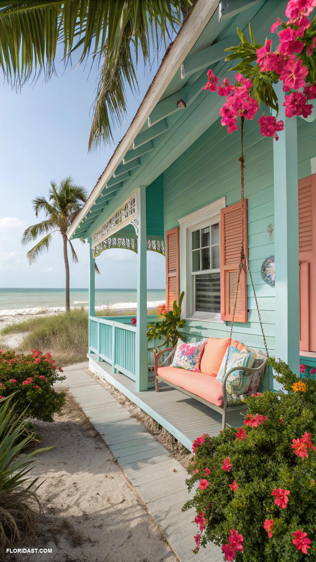 beach house exterior Brightly painted cottage with porch swing