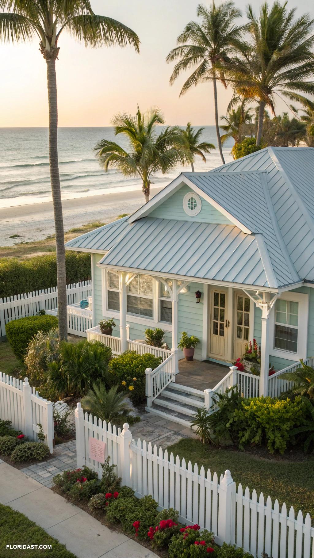 beach house exterior Classic Florida bungalow with white picket fence