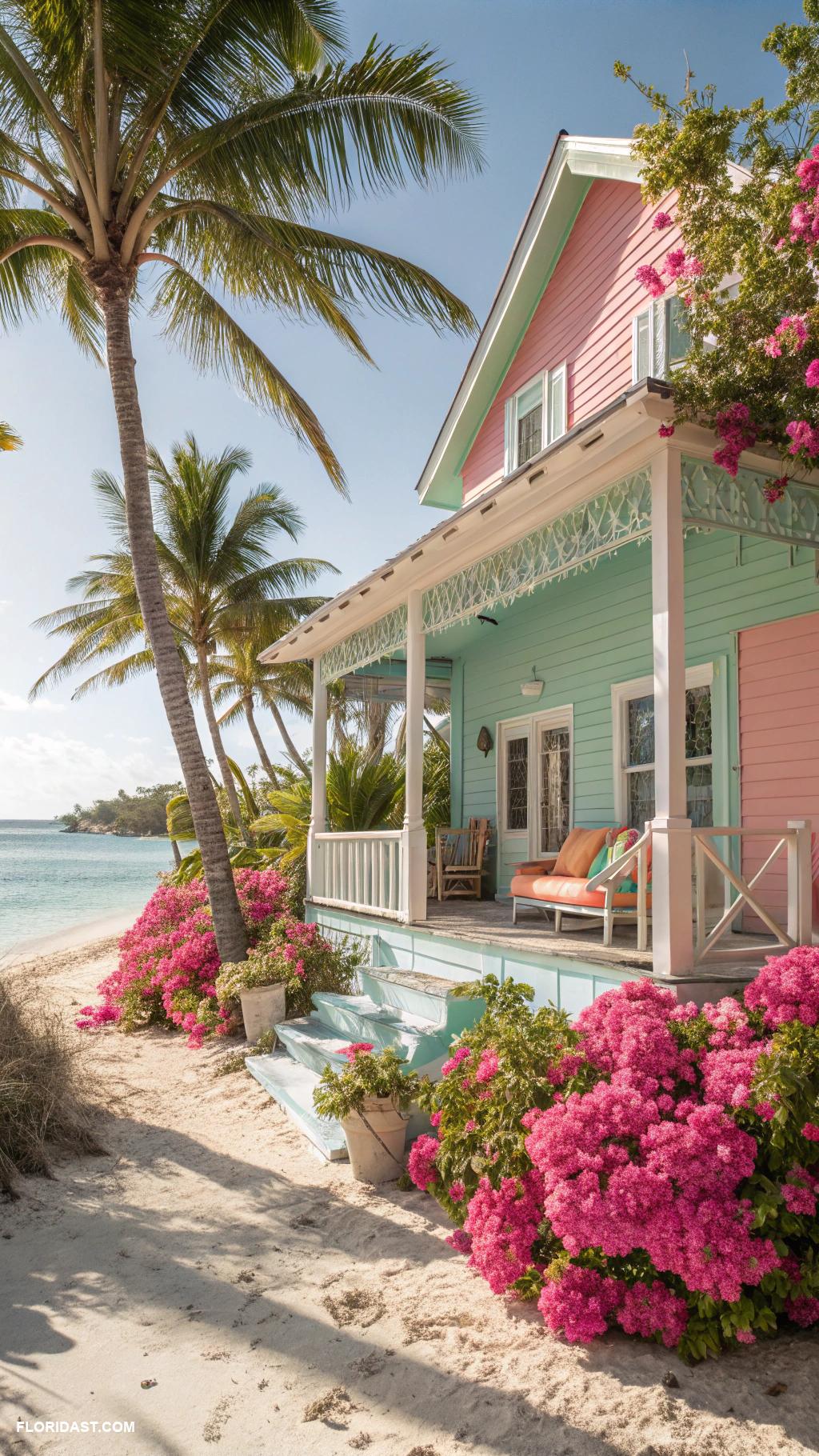 beach house exterior Colorful beach house with tropical plants