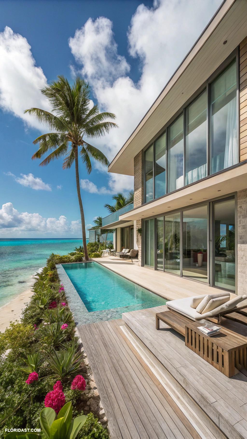 beach house exterior Modern architecture with large glass windows