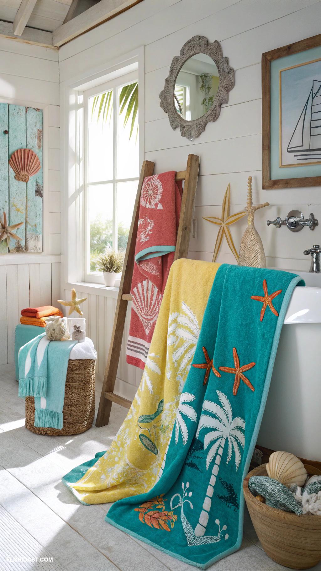 coastal bathrooms Brightly colored towels in beach themes