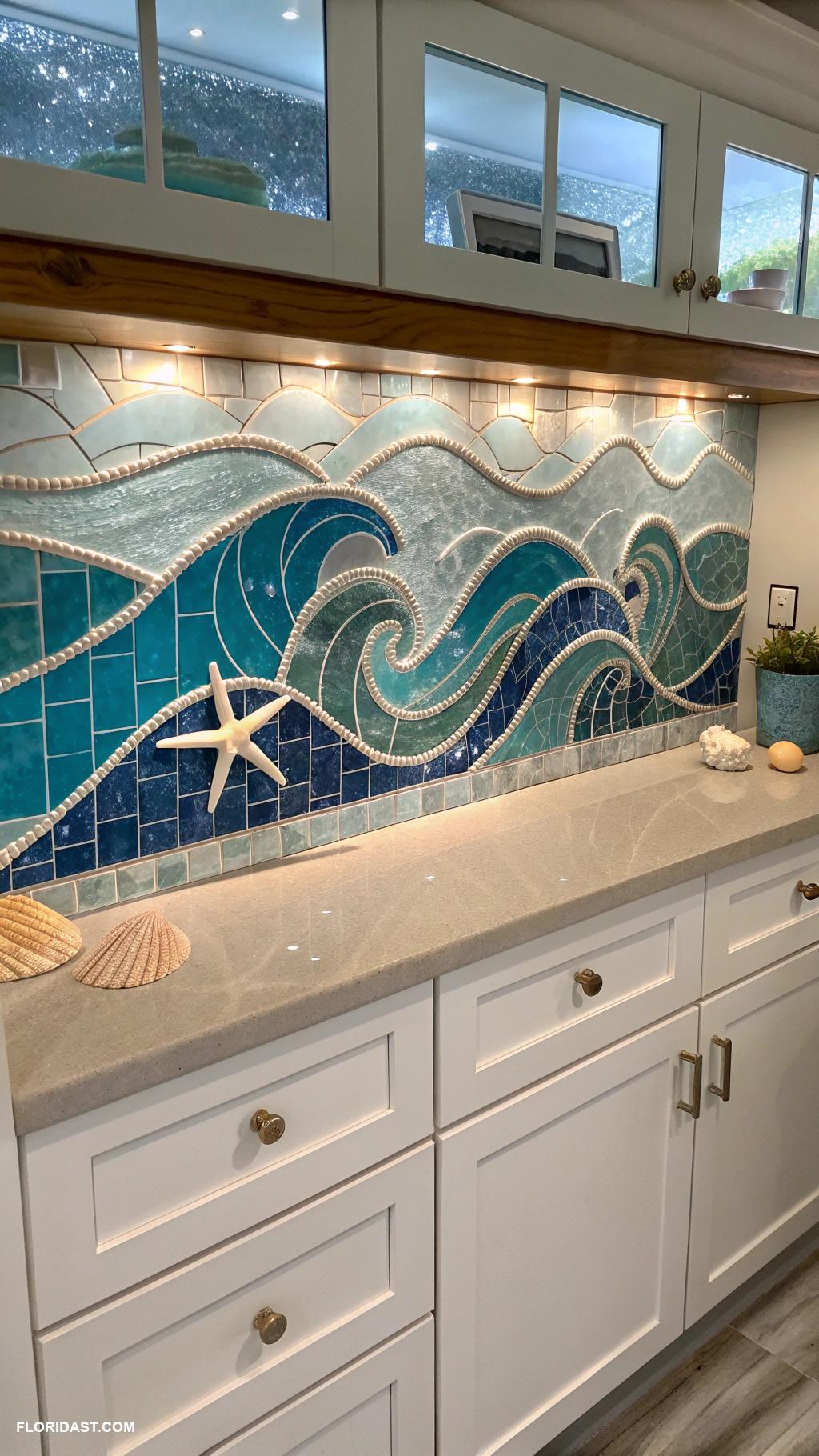 coastal bathrooms Glass tile backsplash resembling ocean waves