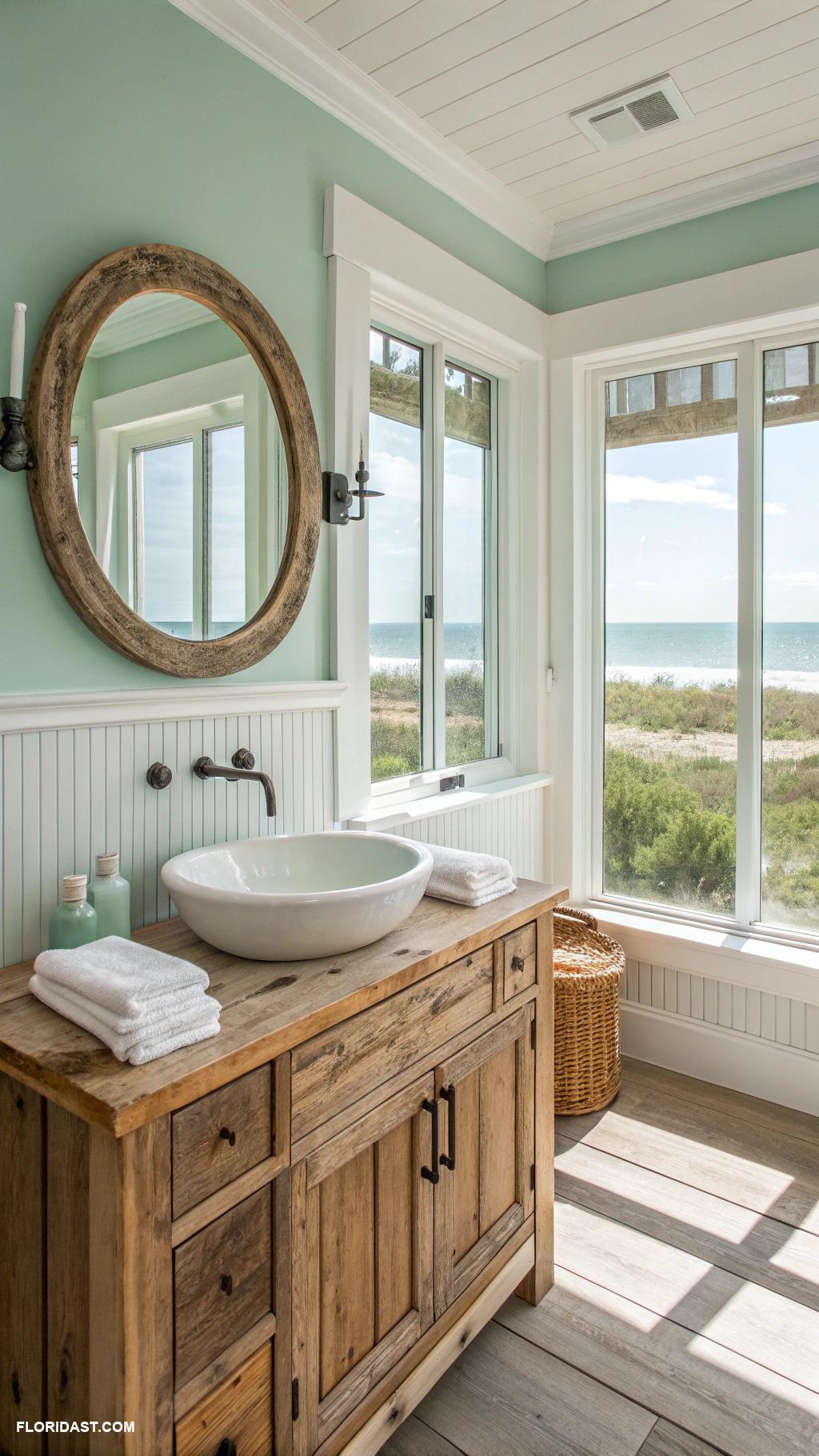 coastal bathrooms Natural wood accents with coastal vibes
