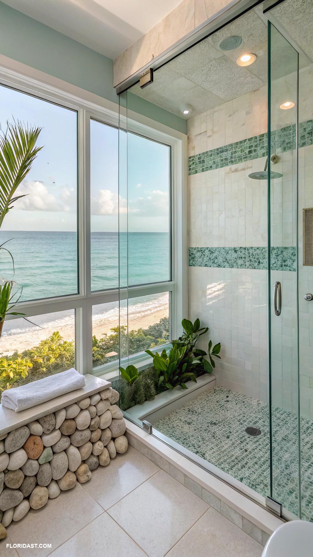 coastal bathrooms Ocean view shower with sliding glass doors