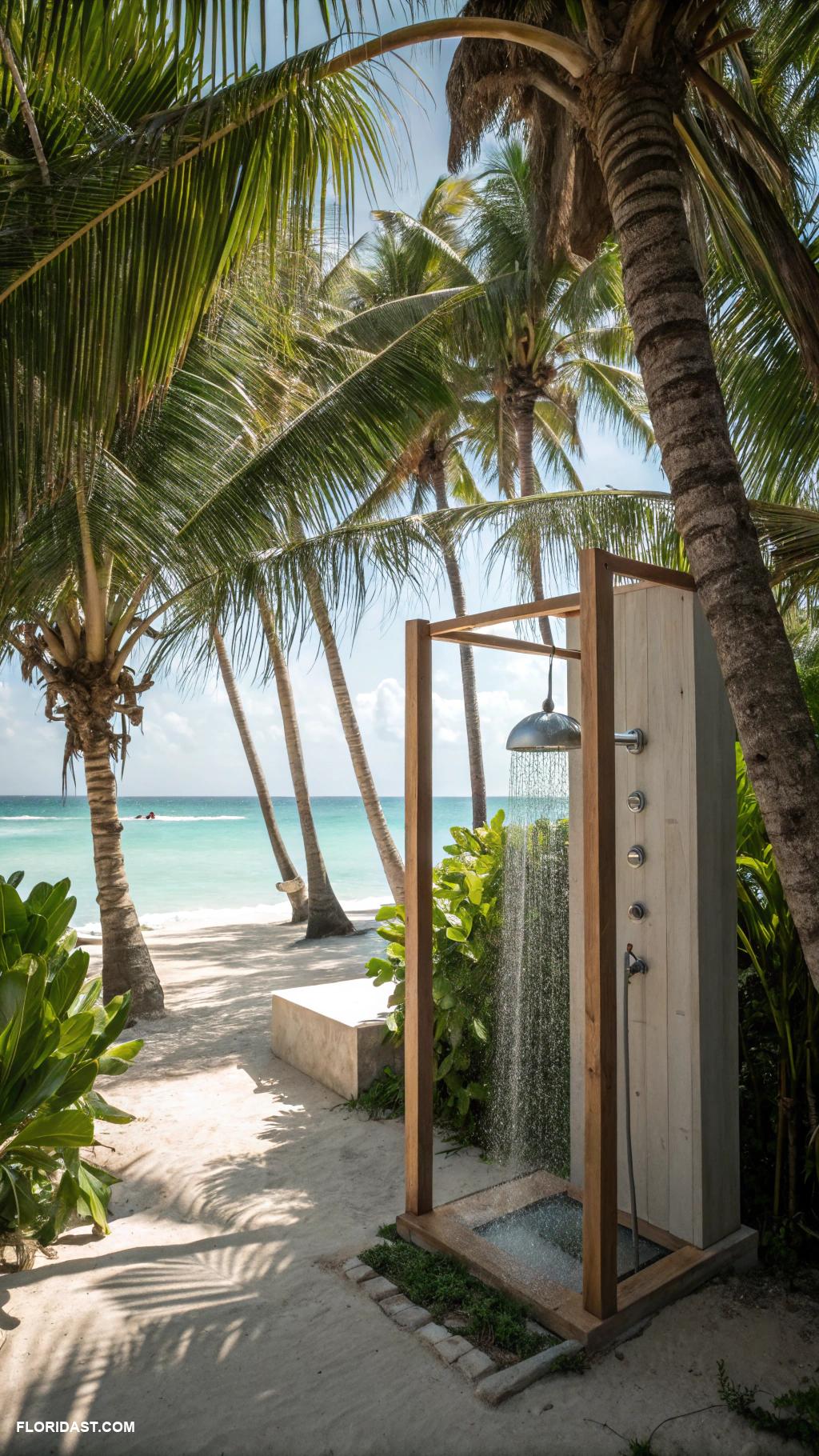 coastal bathrooms Outdoor shower surrounded by palm trees