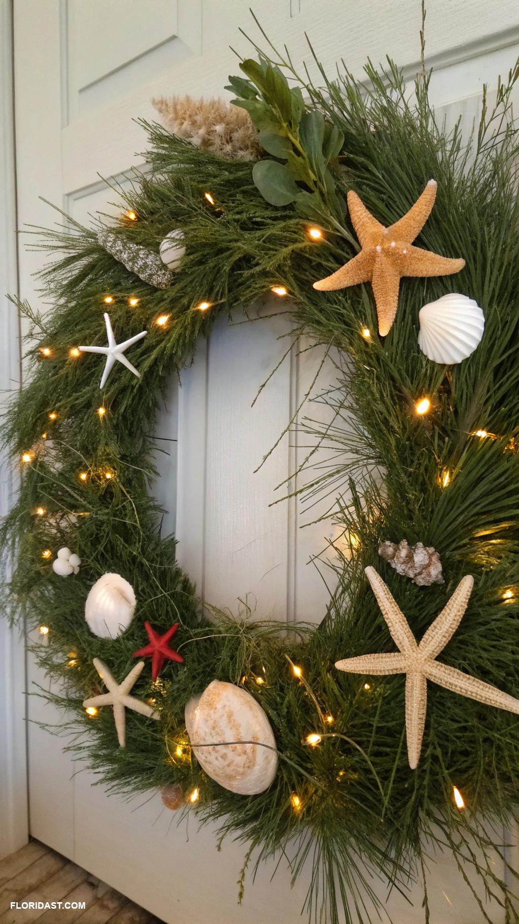 coastal christmas front yard decor Beach themed wreath with starfish