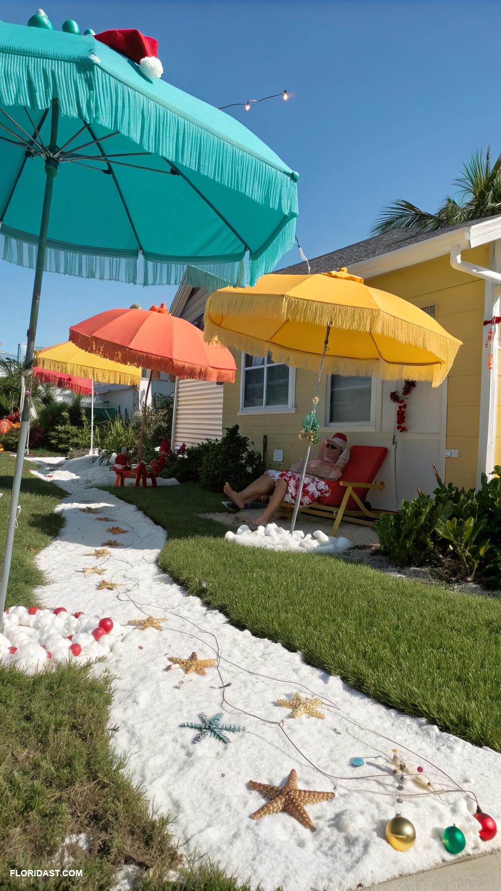 coastal christmas front yard decor Brightly colored beach umbrellas as decor