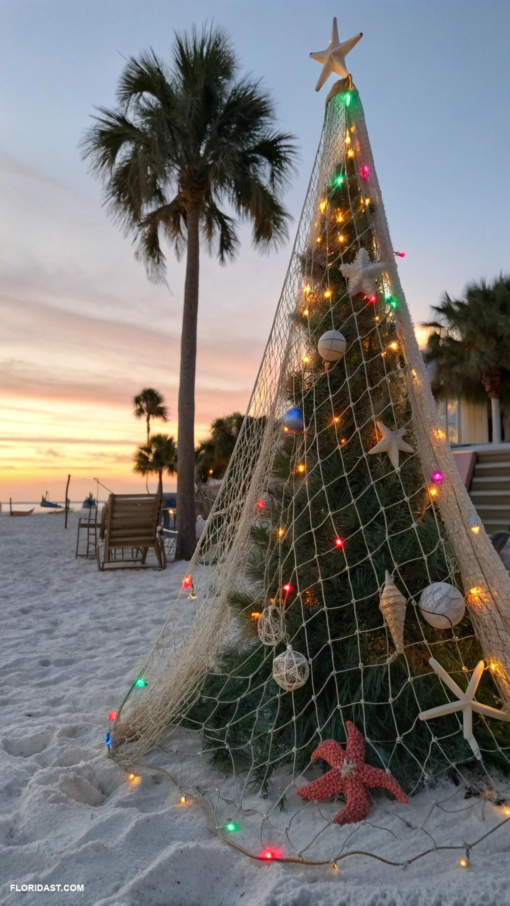 coastal christmas front yard decor Fishing nets embellished with Christmas lights