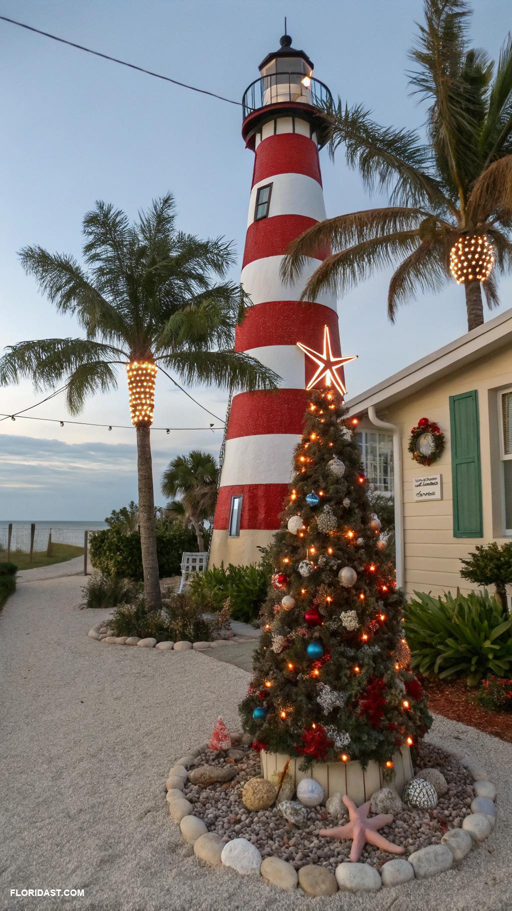 coastal christmas front yard decor Lighthouse adorned with holiday ornaments