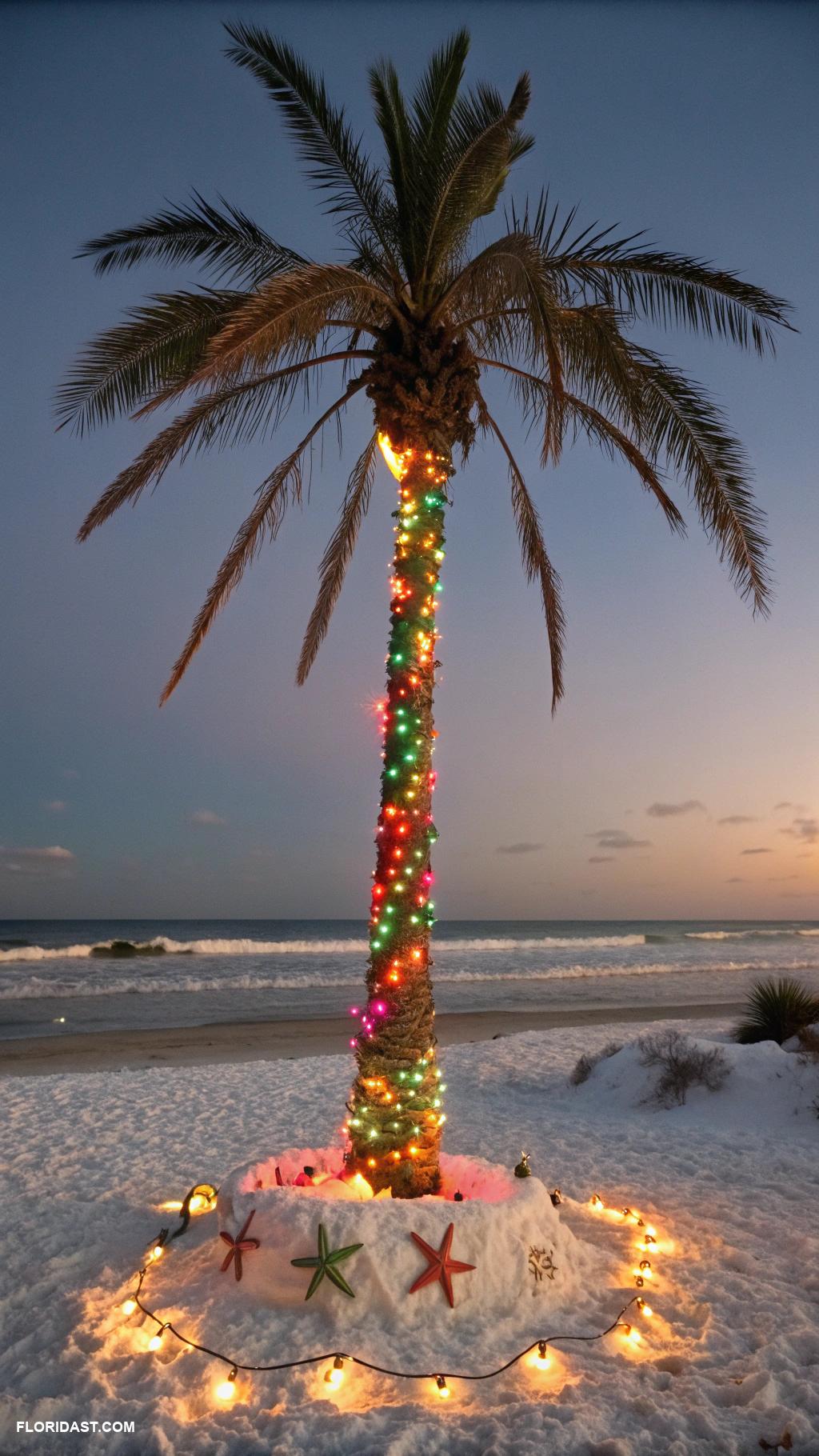 coastal christmas front yard decor Palm tree decorated with Christmas lights
