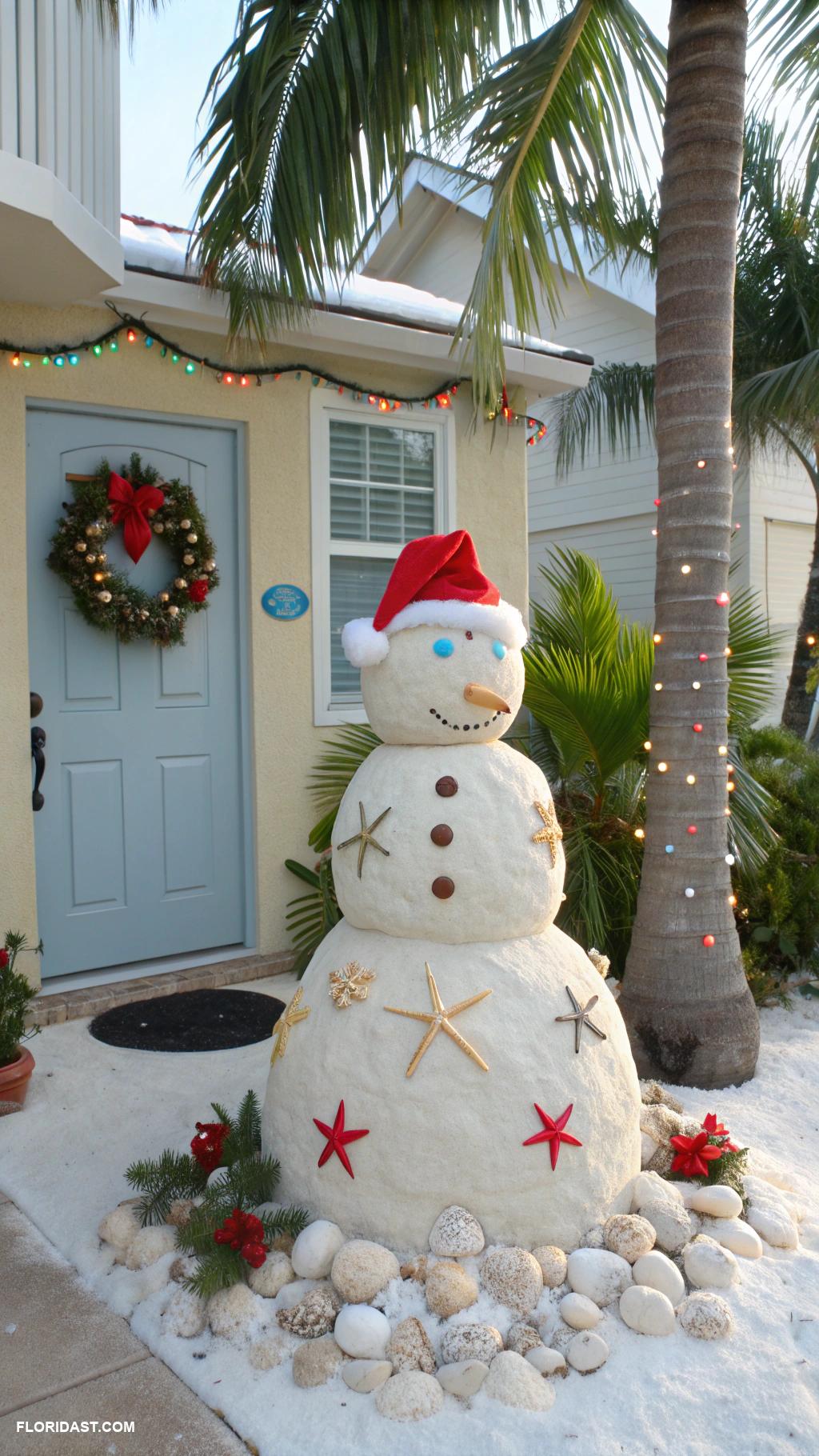 coastal christmas front yard decor Sandman wearing a Santa hat