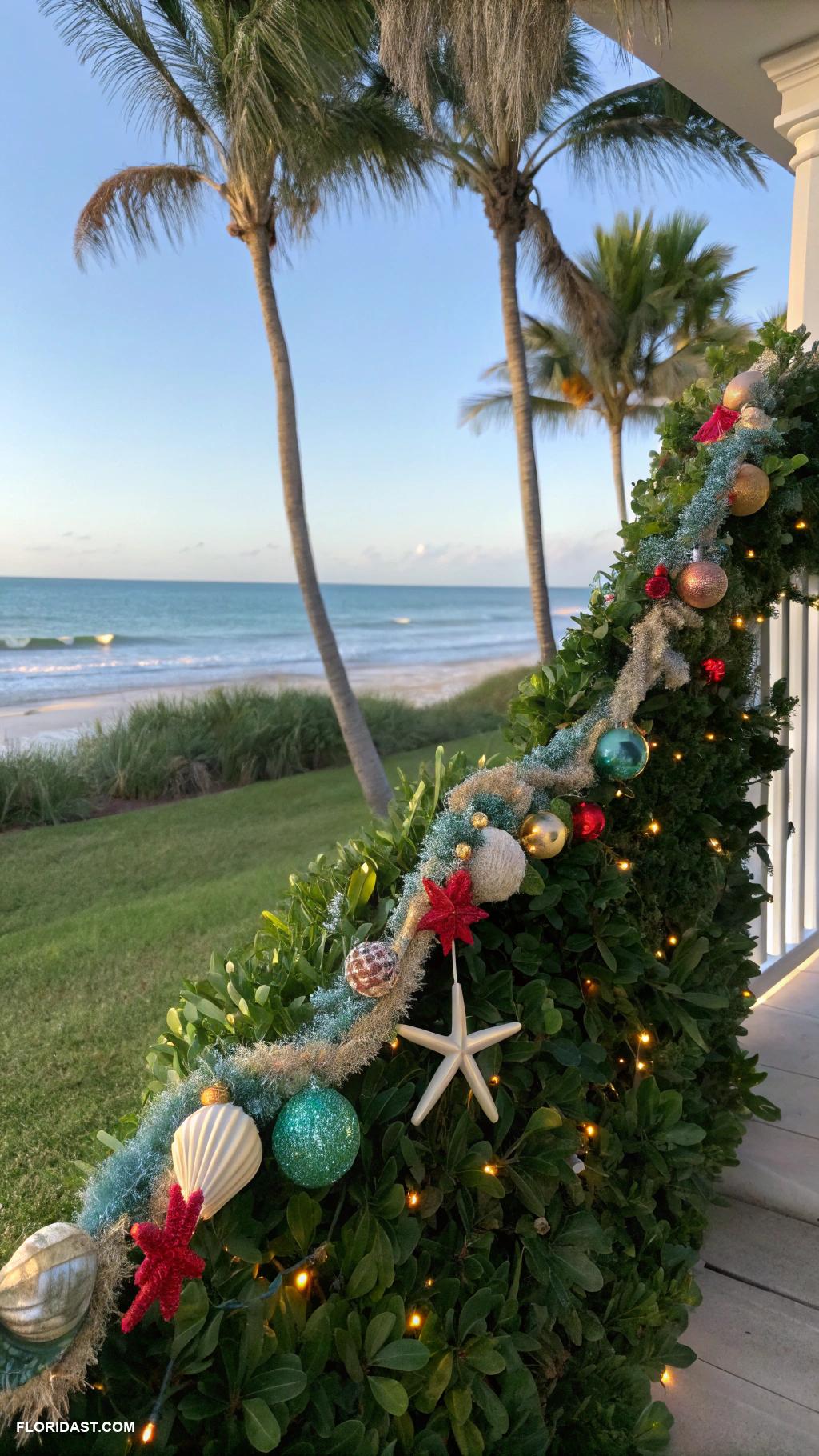 coastal christmas front yard decor Seashell garland draped over bushes