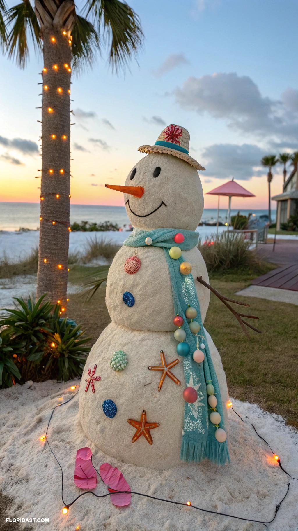 coastal christmas front yard decor Snowman made of sand and seashells