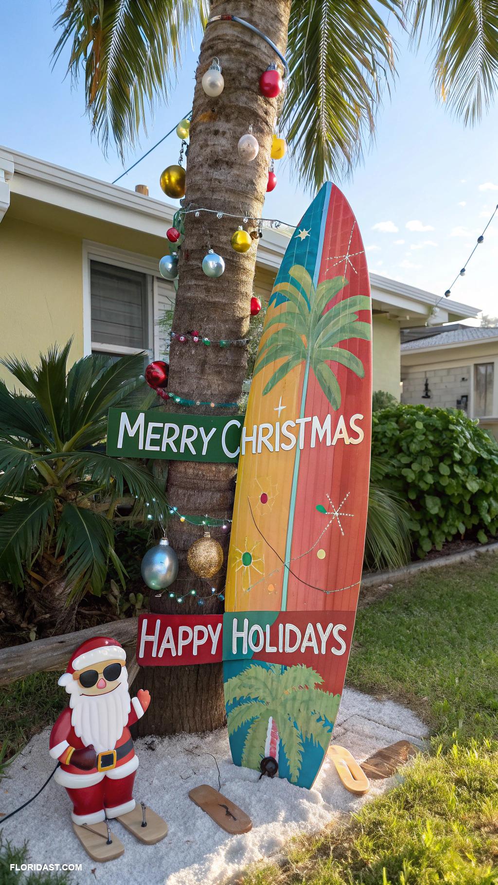 coastal christmas front yard decor Surfboard with holiday greetings