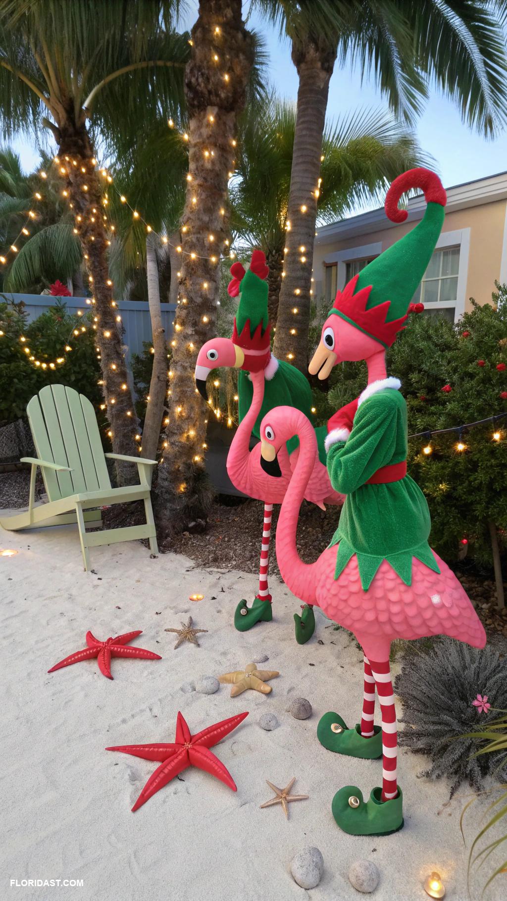 coastal christmas front yard decor Tropical flamingos dressed like elves