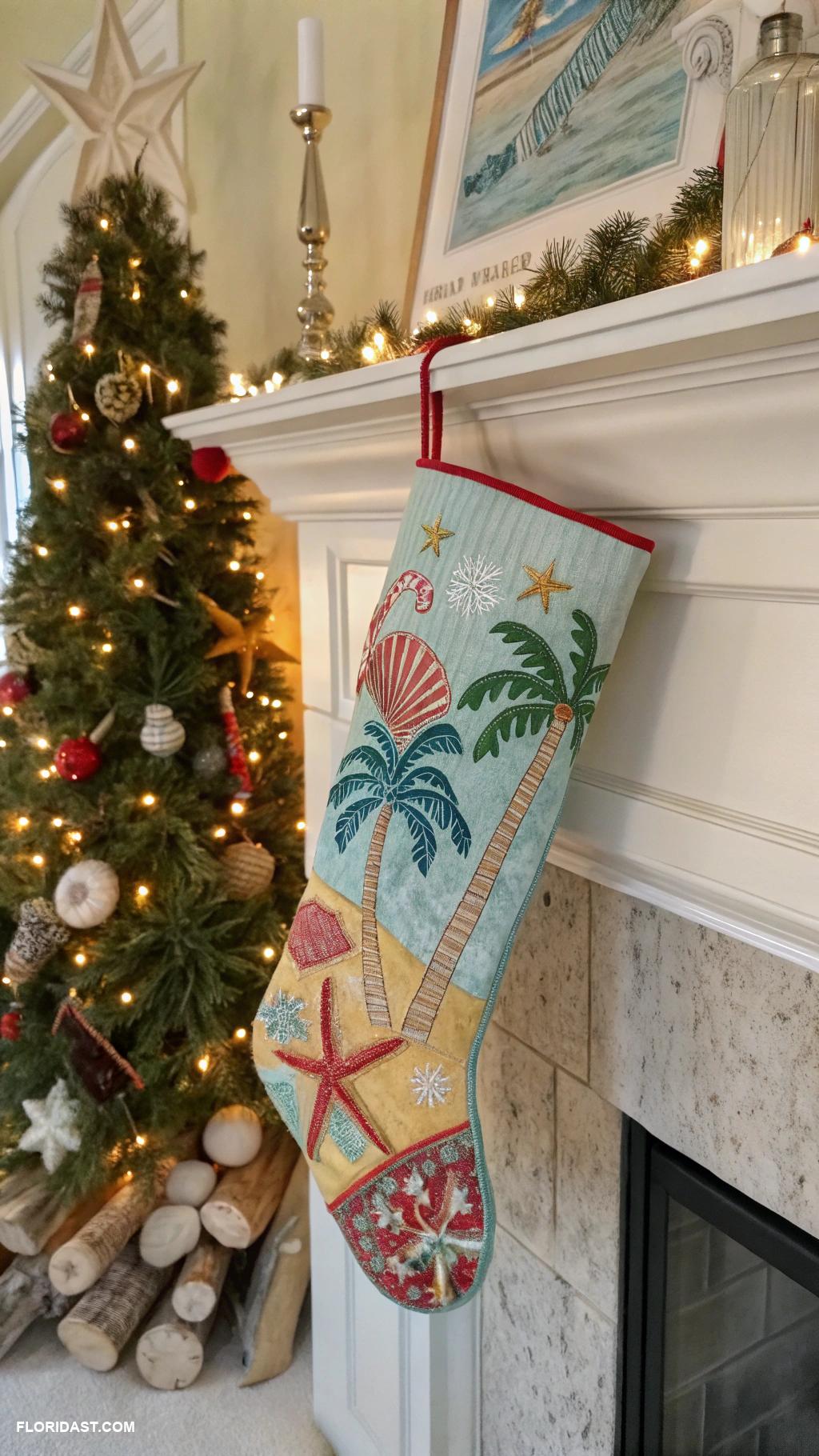 coastal christmas home decor ideas Beach themed stockings for the mantel
