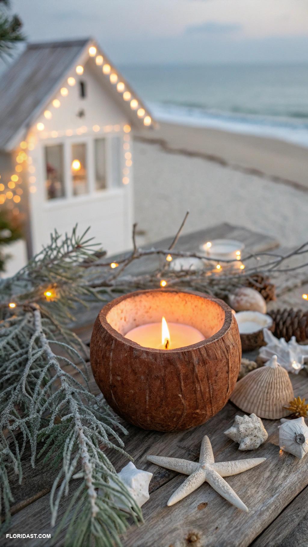 coastal christmas home decor ideas Coconut husk candles for ambiance