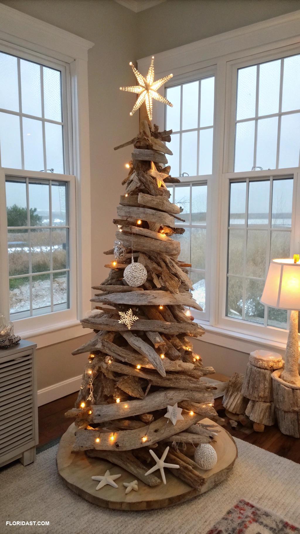 coastal christmas home decor ideas Driftwood Christmas tree for unique appeal