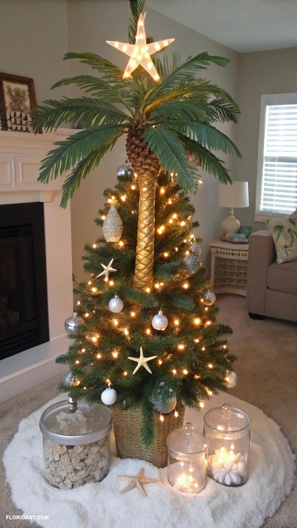 coastal christmas home decor ideas Palm tree ornaments on a Christmas tree