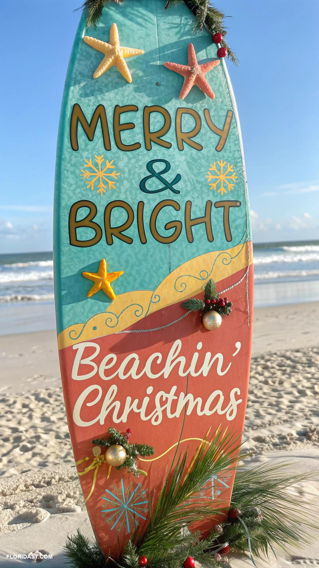 coastal christmas home decor ideas Surfboard Christmas sign for decoration